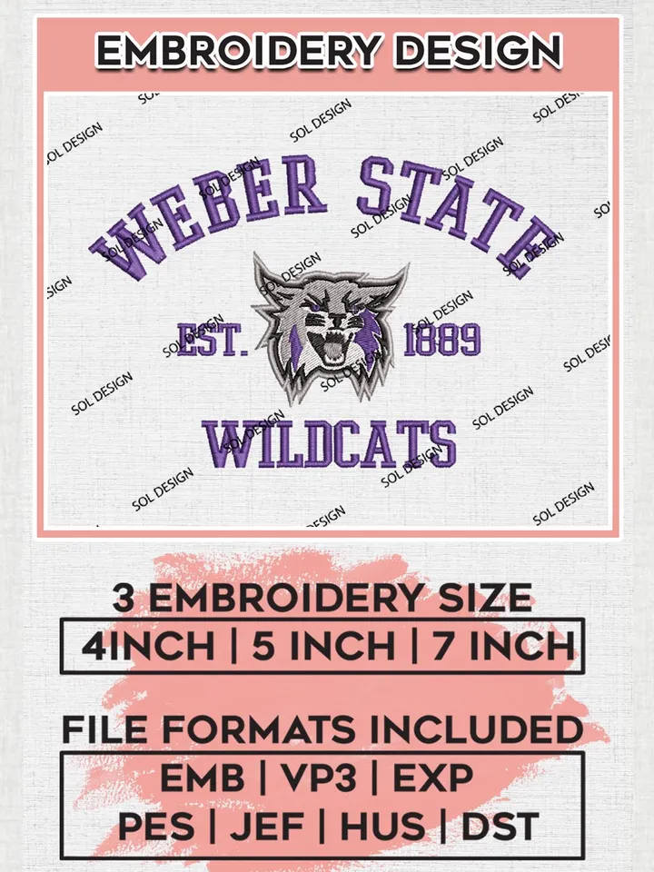 Weber State Wildcats Est 1889 Logo Embroidery Designs, NCAA Weber State Wildcats Team Embroidery, NCAA Team Logo, 3 sizes, Machine embroidery Files, Digital Download