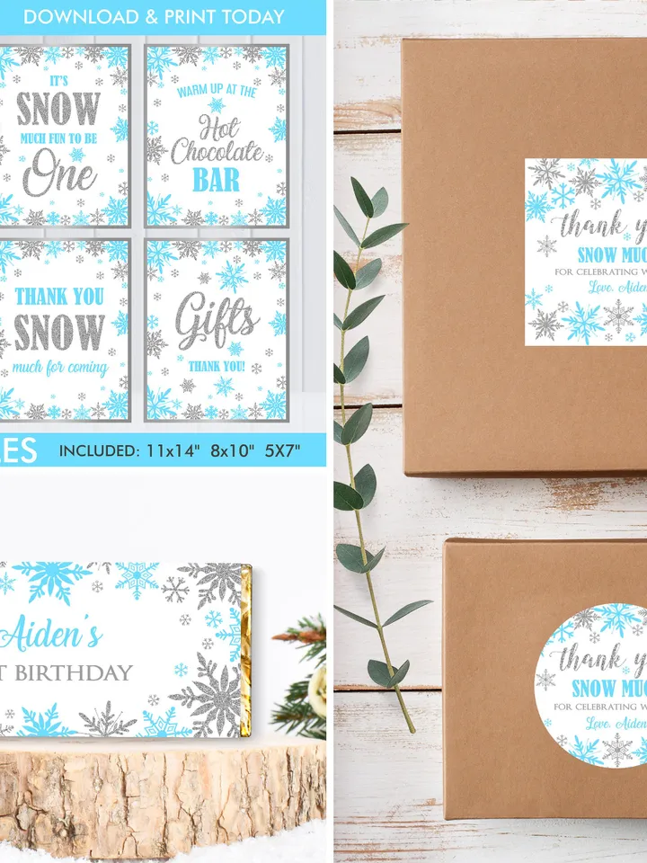 Winter Onederland Birthday Boy Decorations, Winter Onederland Birthday Party Package Bundle, Blue Silver Snowflakes  Editable Template