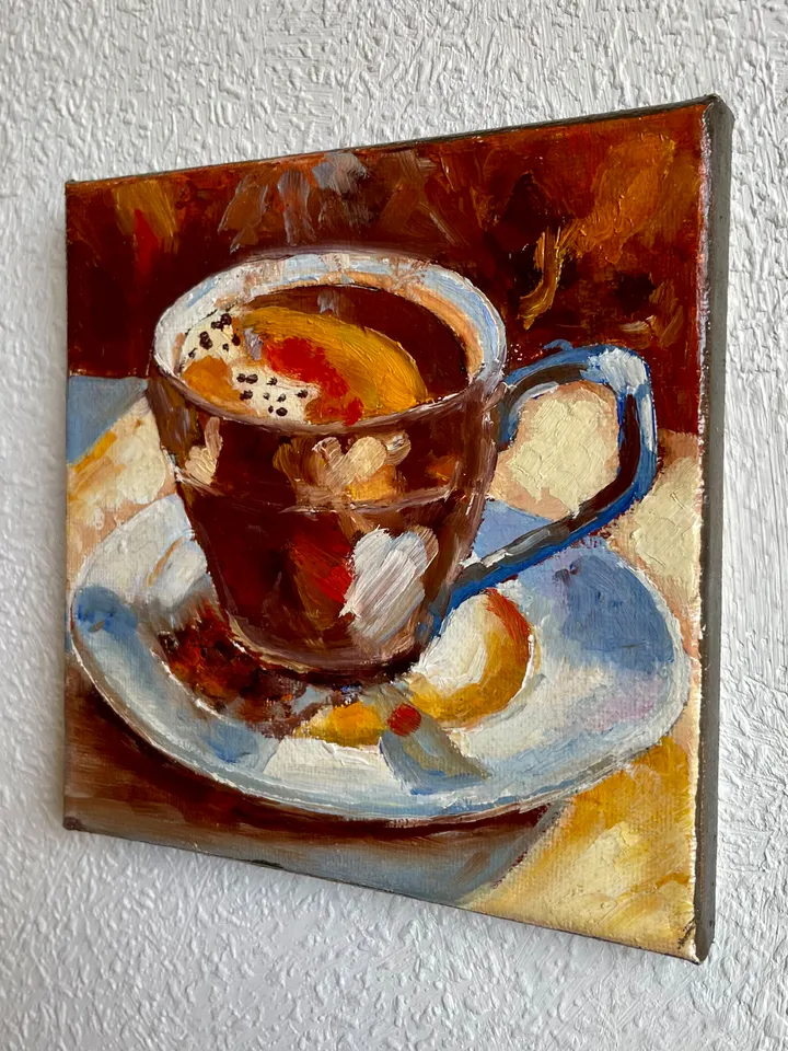 Coffee Cup Oil Painting, Small Original Kitchen Wall Decor, Bar Cart Decor 6"x6"