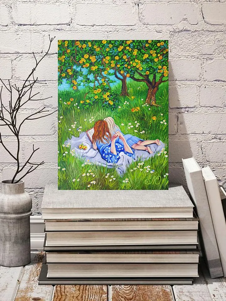 Girls Painting Apple Tree Original Art Sisters Artwork Woman Wall Art Oil Canvas