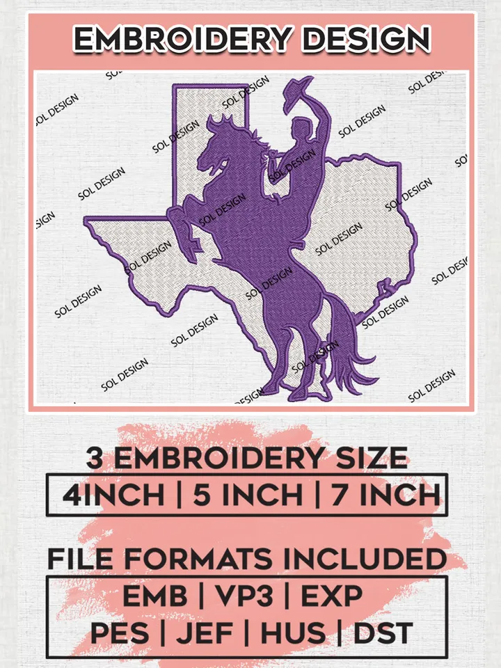 NCAA Tarleton State Texans Team Map Logo Embroidery Design Files, NCAA Tarleton State Texans Machine Embroidery, NCAA Teams, Game Day, 3 sizes, NCAA Machine embroidery designs, Digital Download