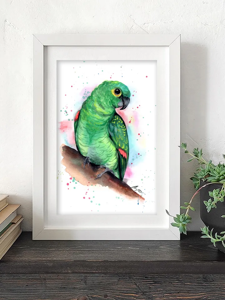 Green Parrot Bird Watercolour, bird painting, wall decor, birds lover gift, 8x11 in handmade art by Anne Gorywine