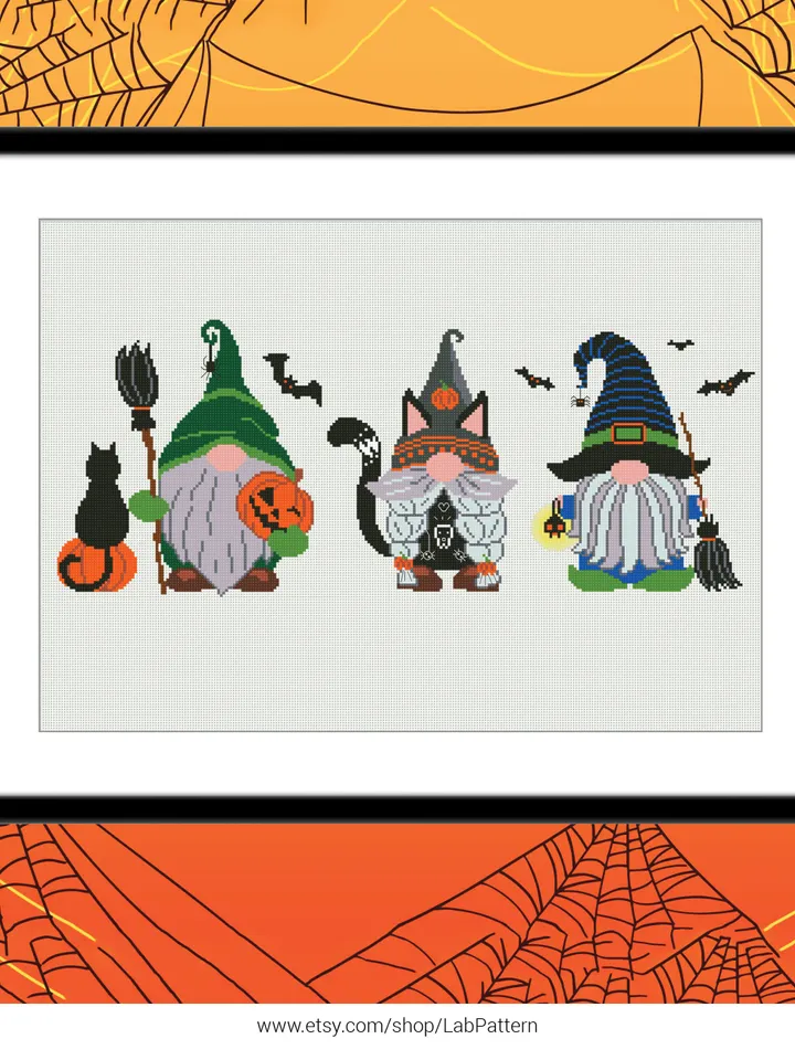 Gnome Halloween Bundle of 3 Cross stitch pattern | Embroidery Pattern | Instant Download | Embroidery Designs
