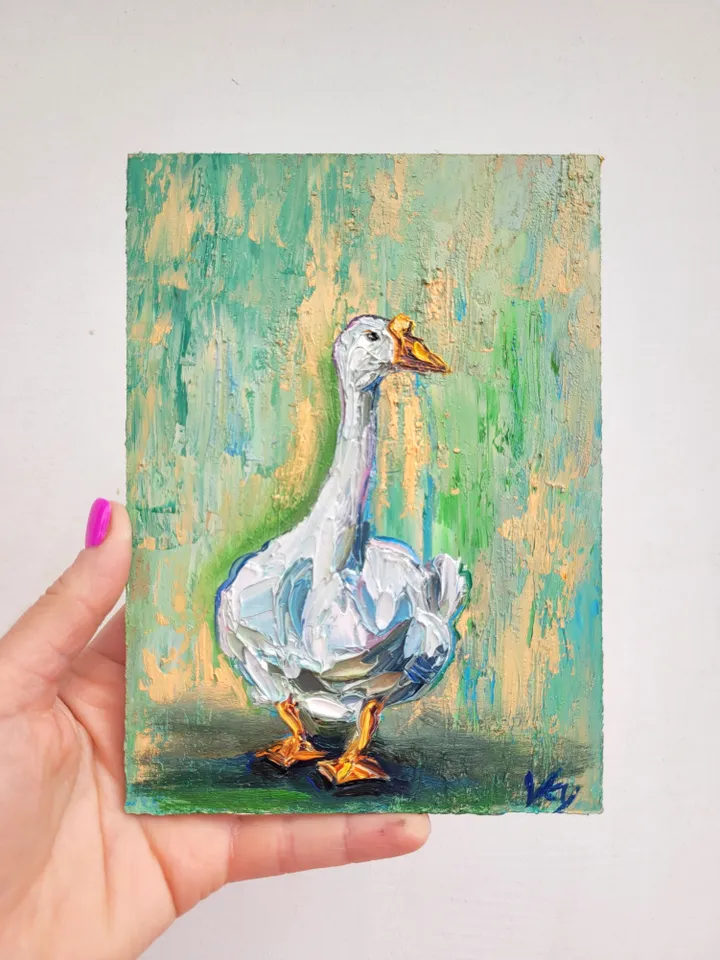 Goose Painting Farm Animals Painting Original Impasto Oil Painting 5x7 Duck Painting White Geese Painting Goose Art Bird Art by ArtFromVictoria