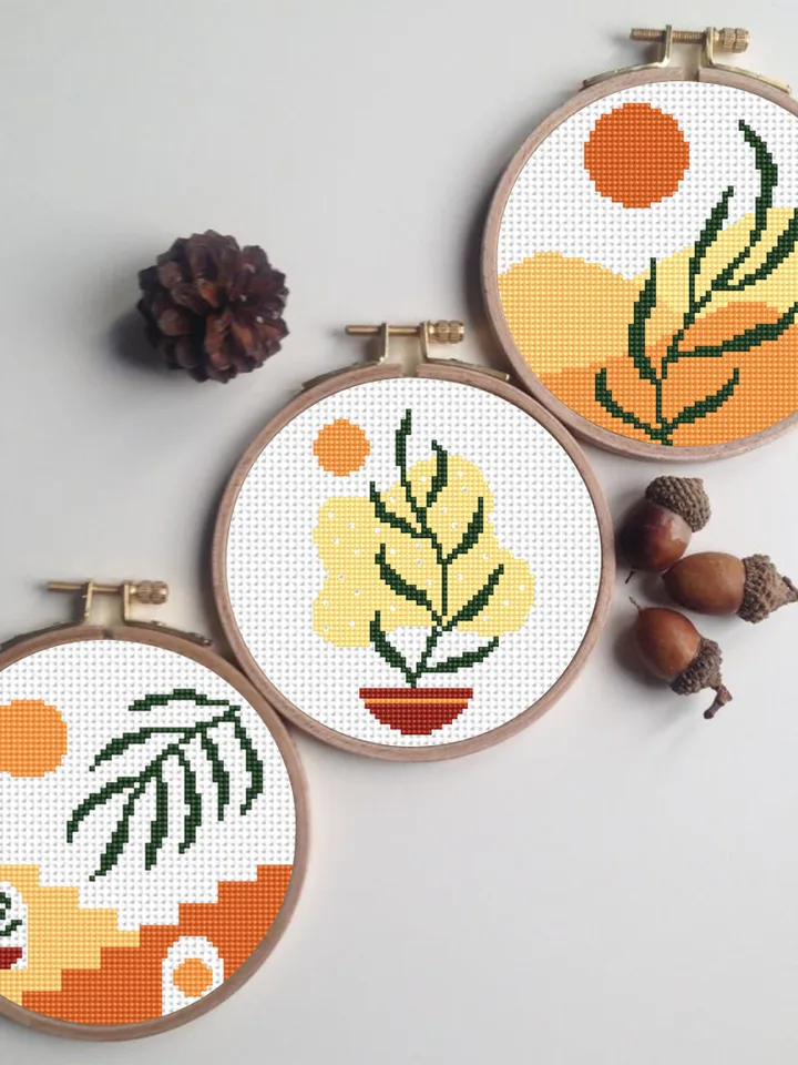 Abstract boho cross stitch pattern PDF download Set of 3 Minimalist nature cross stitch chart, Simple boho floral pattern digital PDF #O10