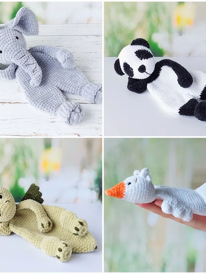 Set of 4 Crochet Pattern: Dragon, Panda, Goose, Elephant. Animal plushies toys, amigurumi lovey, PDF tutorial in English
