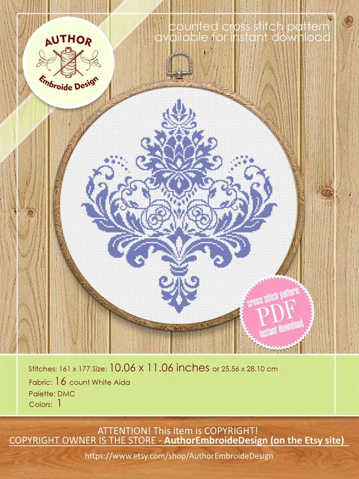 Floral damask ornament cross stitch pattern PDF download Flower mandala cross stitch chart, Damask pattern digital PDF, Floral scroll #M254