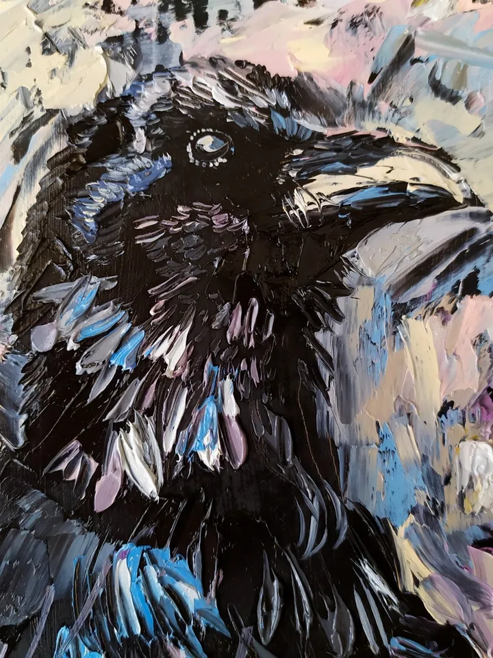 Raven Painting Bird original art 10 by 8 inches Black Raven Wall Art Crow artwork oil painting by Natalia Plotnikova