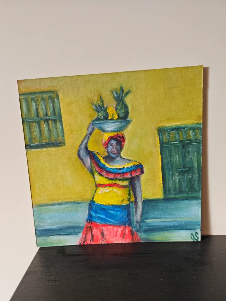 Latina Original Painting Colombian Woman Original Art Bright Latina With Fruits Modern Artwork Woman Bright Dress Wall Decor 8 x 8 inches by OlgaSokolovaArt