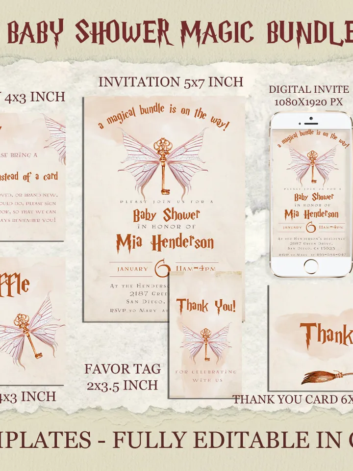 Wizard Baby Shower Invitation; Magic Key  Baby Schower kit template; A Magical Bundle on the Way; Magic School Invite Pack editable canva