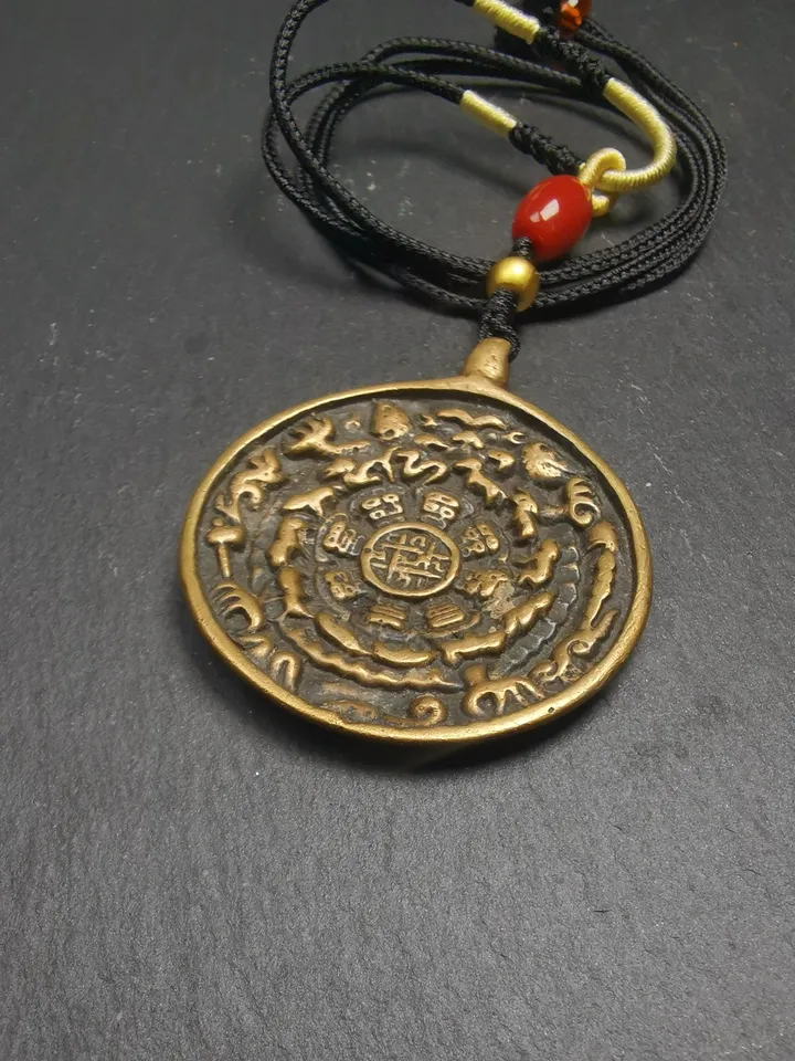 Gandhanra Vintage Tibetan Buddhist Calendar Amulet Sipaho Badge - Lima Brass Melong Mirror Protective Charm Feng Shui Pendant,43mm