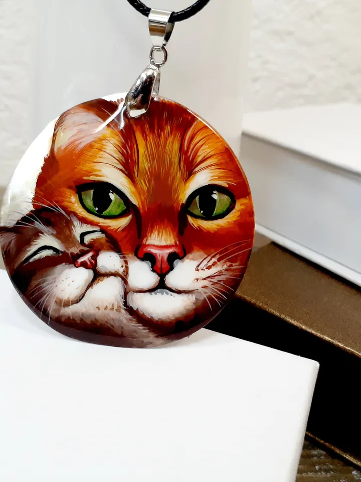 Beautiful Pendant"Cat and kitten" Hand-painted,Russian jewelry,Art gift,Mother-of-pearl hand-painted,Miniature painting, Art Gift
