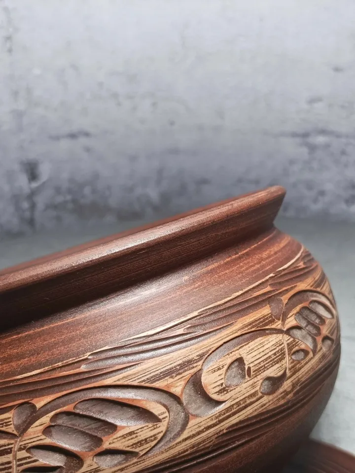 Pottery casserole. Handmade from red clay, carved pattern. Eco-friendly product