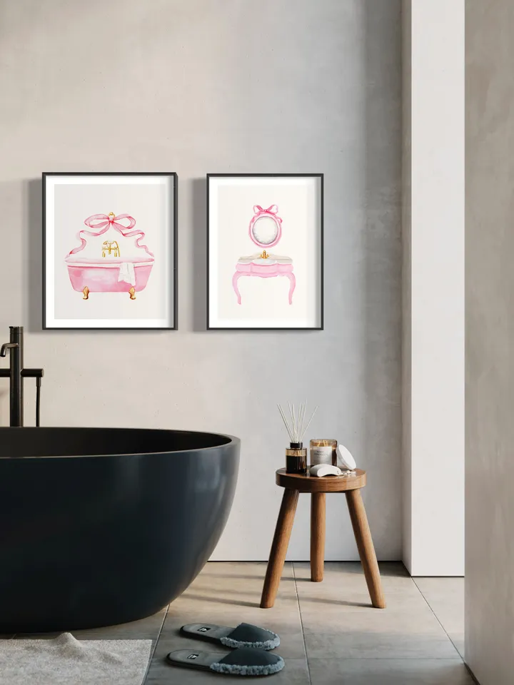 Pink Bow Bathroom Vintage Art Print, Set Of 2 Watercolor Bathroom, Bow Wall Art, Girls Bathroom Decor, Spa Beauty Art, Gift For Her