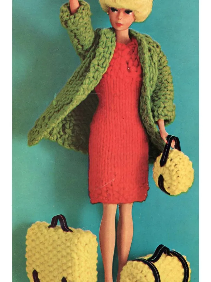 Barbie Travel Coat Dress Luggage Vintage Knitting Pattern PDF Fashion Dolls size 11 1/2 inches Flower Garden Collection