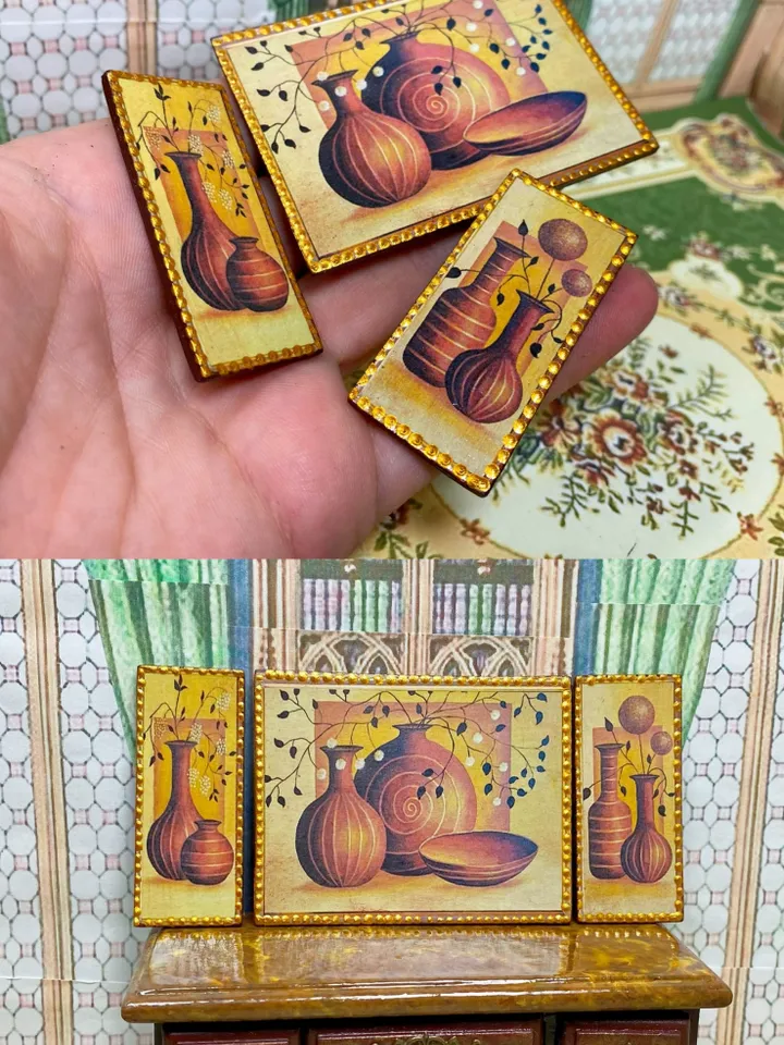 Miniature triptych for a dollhouse. Painting for dolls. 1:12. Miniature dollhouse. Handmade.