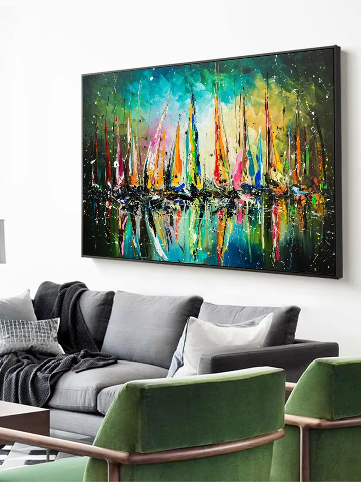 Original Painting On Canvas, Abstract Colorful Sailboat Oil Painting, Seascape Painting, Large Wall Art,Living Room Wall Decor,Wall Hangings
