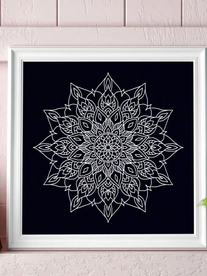 Flower mandala blackwork pattern PDF, Blackwork mandala embroidery download PDF, Mandala ornament Backstitch chart, Mandala cross stitch #W6