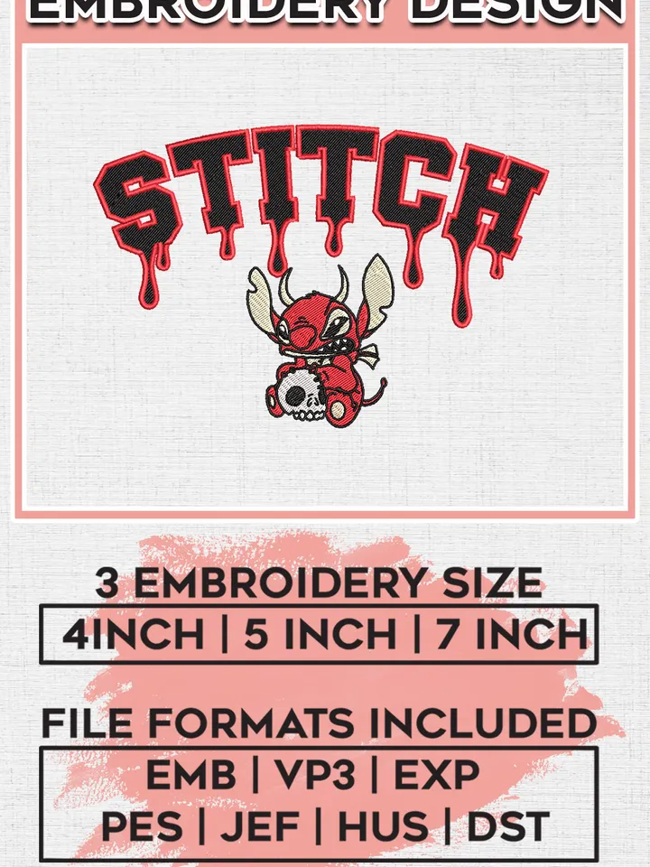Devil Skull Stitch Drop Name Embroidery designs, Lilo and Stitch Machine embroidery designs, Halloween embroidery files, Spooky Season Machine Embroidery Digitized Pes Files, Digital Download