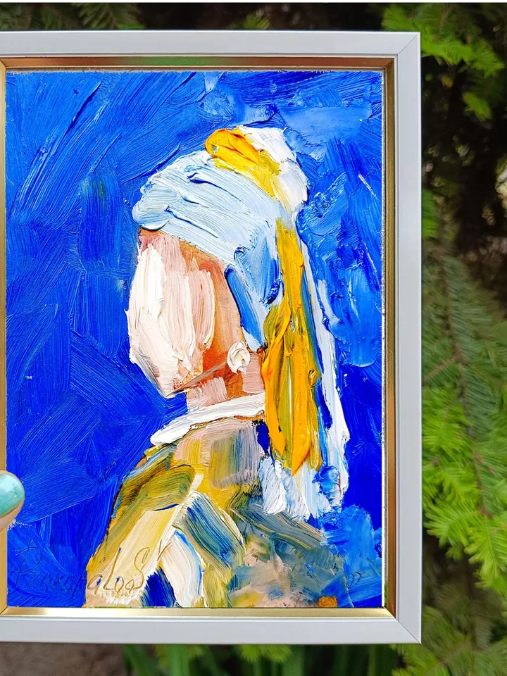 Abstract Portrait original copy of Vermeer's painting Girl with a Pearl Original Oil Painting Painted oil painting Modern Surrealism Art 7x5