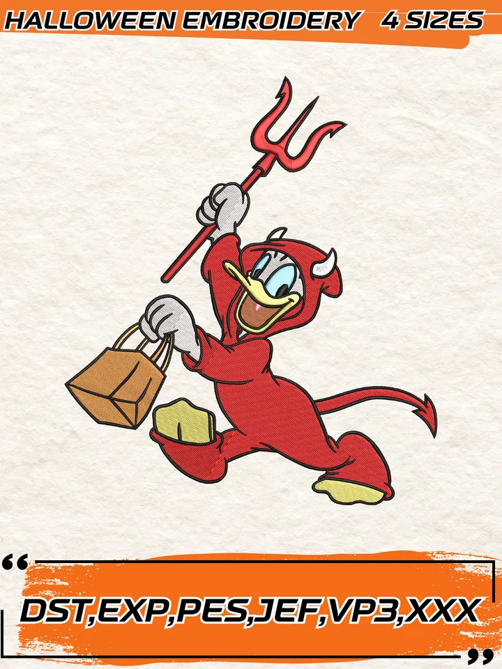 Red Devil Donald Duck Embroidery Designs,Halloween Embroidery Design,4 Sizes, Digital Download