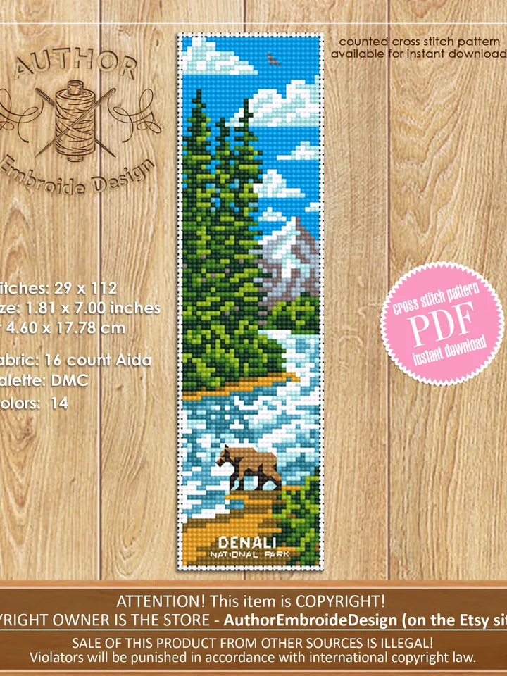 Denali National park bookmark cross stitch pattern PDF download Nature cross stitch chart, Mountain landscape Digital bookmark pattern #B179