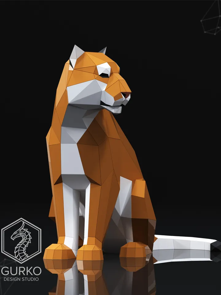 Papercraft Sitting Tiger Turned, Cat, Digital Template, PDF Download, Gurko, LowPoly, Pepakura, DIY Origami Sculpture, Paper Party Decor