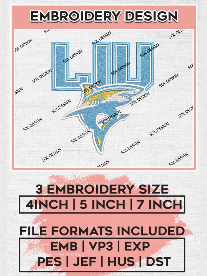 NCAA LIU Sharks Team Logo Machine Embroidery Design, NCAA Long Island University Sharks Team Design Design files, NCAA Team Embroidery Designs, NCAA Machine Embroidery Designs, Digital Download