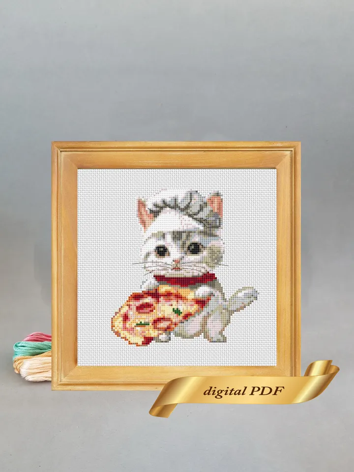 Cat and pizza pattern pdf cross stitch, small design easy embroidery DIY, art 20
