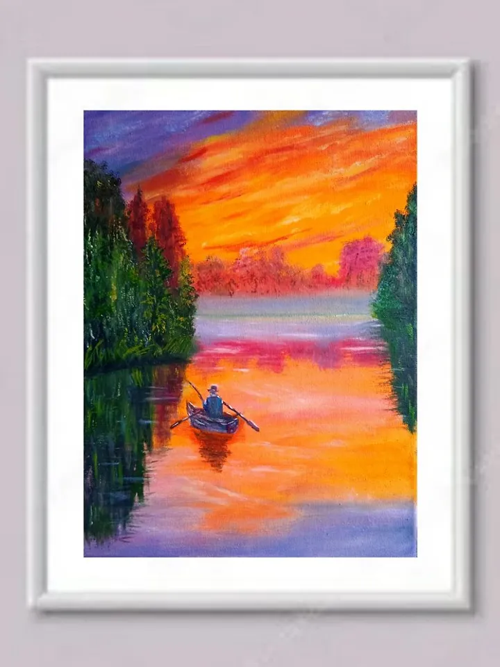 Oil painting, Fishing, Sunset on the river, fog on the river, canvas 30x40 cm