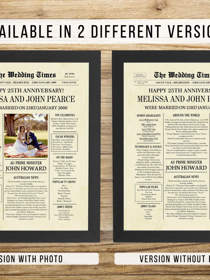 25th anniversary gift for husband, 25th anniversary gift for parents, 2000 anniversary for couples, silver anniversary newspaper for Aussie