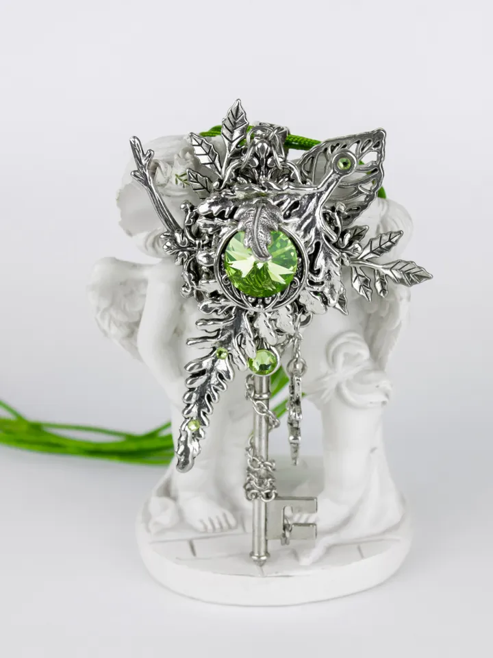 Handmade Fairy Key Pendant with Green Swarovski Crystal – Fantasy Leaf Necklace, Unique Gift