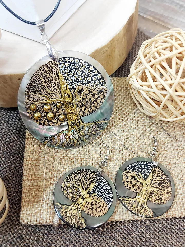 Seasons of Life: Artistic Tree of Life Pendant and Earrings Set - Hand-Painted by Skilled Artisans inspired by Gustav Klimt's Masterpieces