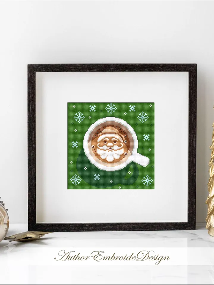 Christmas coffee cross stitch pattern PDF download Christmas cross stitch chart, Cup of latte cappuccino coffee with Santa pattern #N145