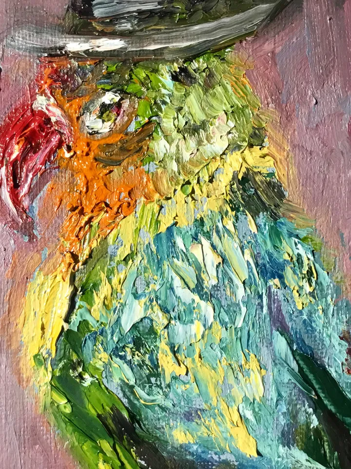 Couple of love birds diptych, parrots painting ,original oil impasto painting, small gift, wedding gift,exotic colourful birds painting.
