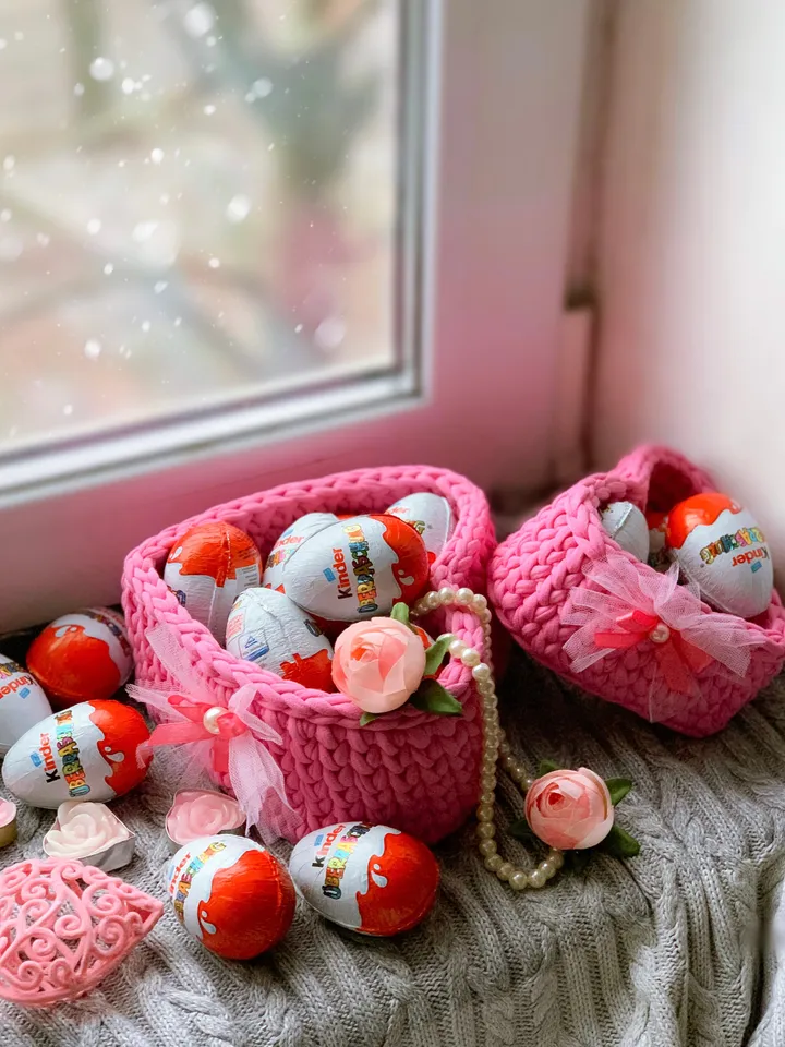 Crochet set 2 baskets hearts, Valentines gift box, pink bathroom storage, eco friendly container, candy holder