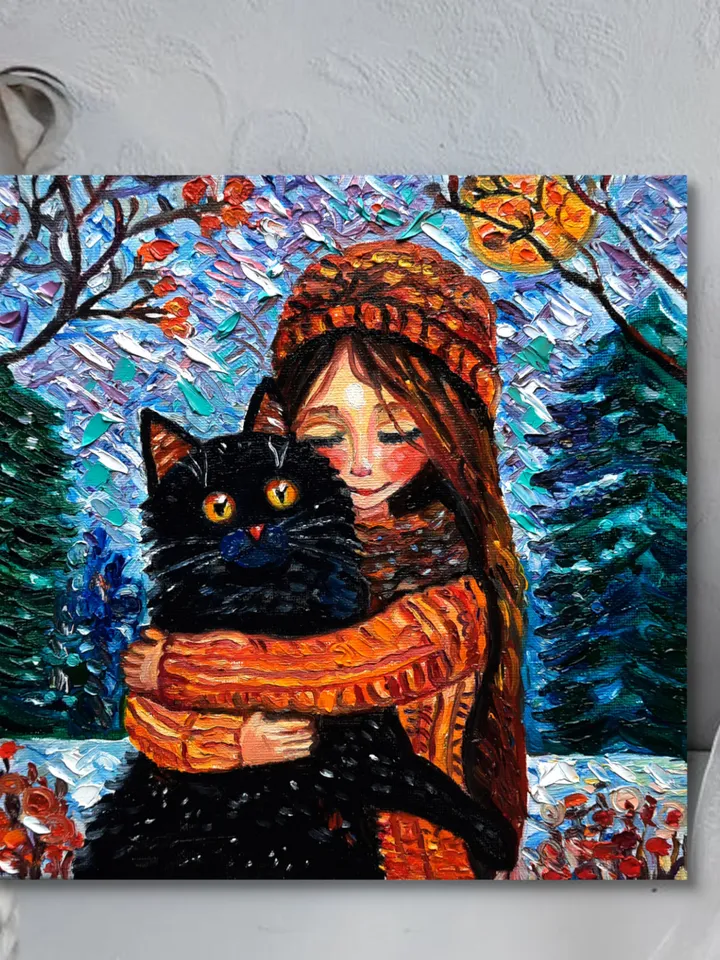 Girl with a Black Cat Art Painting Original Oil Art
Oil on Canvas