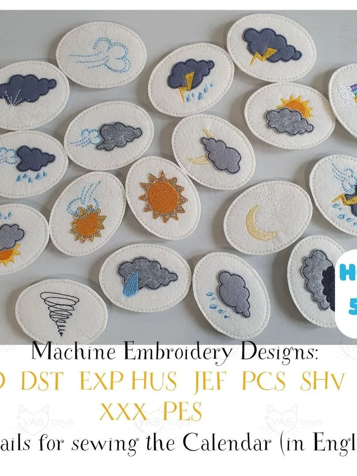 Weather Icons Embroidery Designs ITH, Felt Chart Pieces for Montessori Calendar, Preschool Homeschool Activity, 5x7 Hoop File