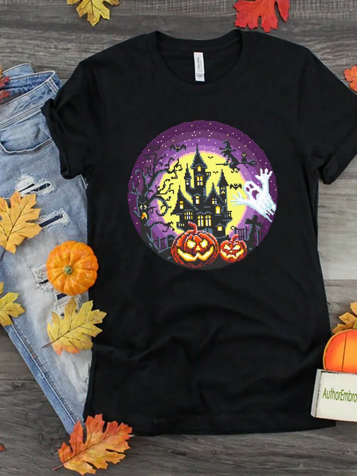 Halloween cross stitch pattern download PDF Spooky haunted house cross stitch chart, Halloween pattern digital PDF, Ghost, Pumpkin #H7