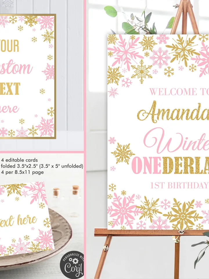 Winter Onederland Birthday Girl Decorations, Winter Onederland Birthday Party Package Bundle, Pink Gold Snowflakes Editable Template