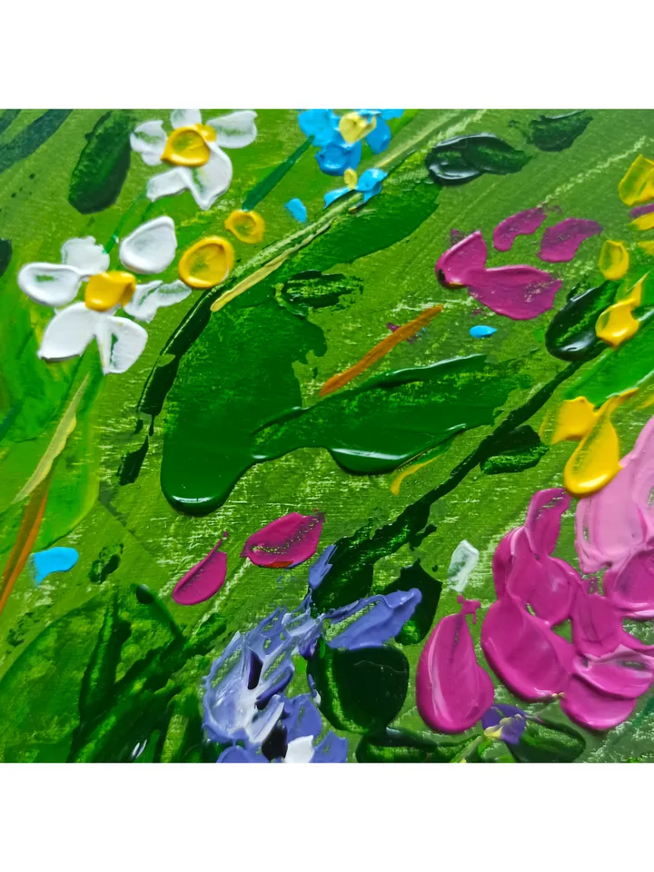 Abstract flower painting, "Wildflowers", original acrylic painting on cardboard 20x20cm, Impasto, Lupines, Forget-me-nots, Chamomiles