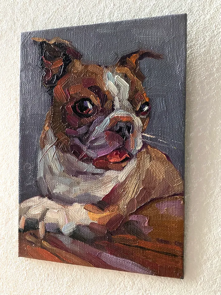 Dog oil painting original, Pet portrait artwork, Animal miniature wall art 4x6