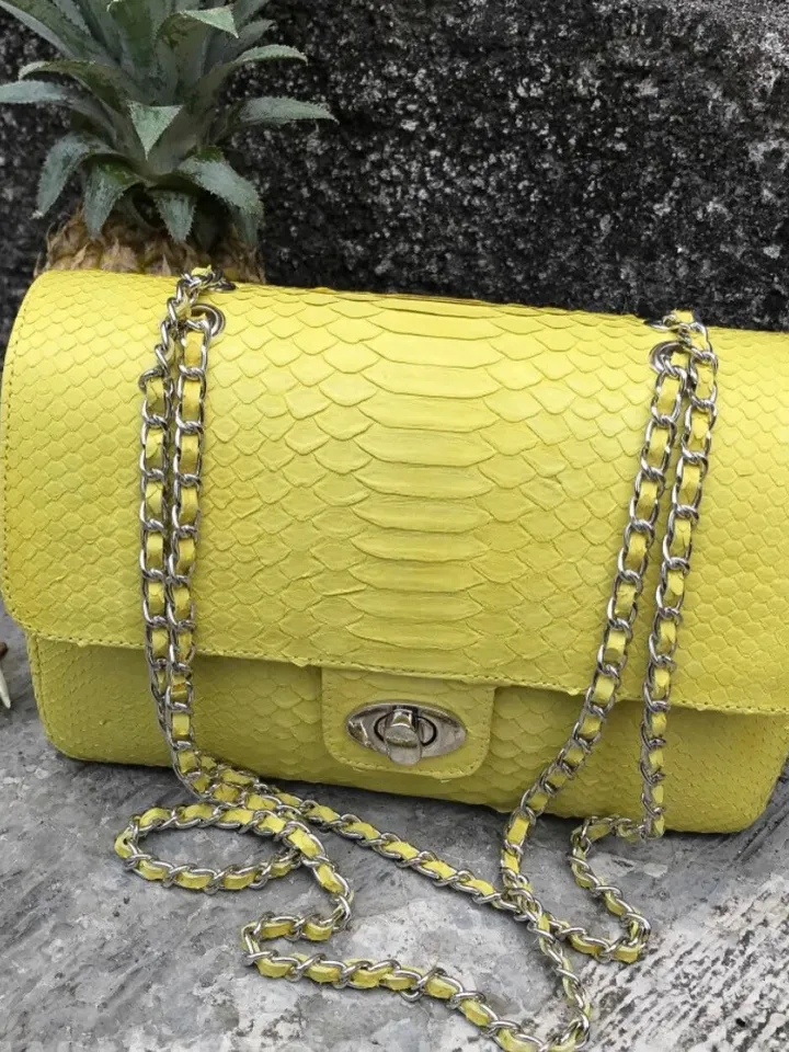 Genuine python skin maxi crossbody yellow bag, summer big chain crossbody, elegant classy crossbody bag genuine leather summer | snakeskin