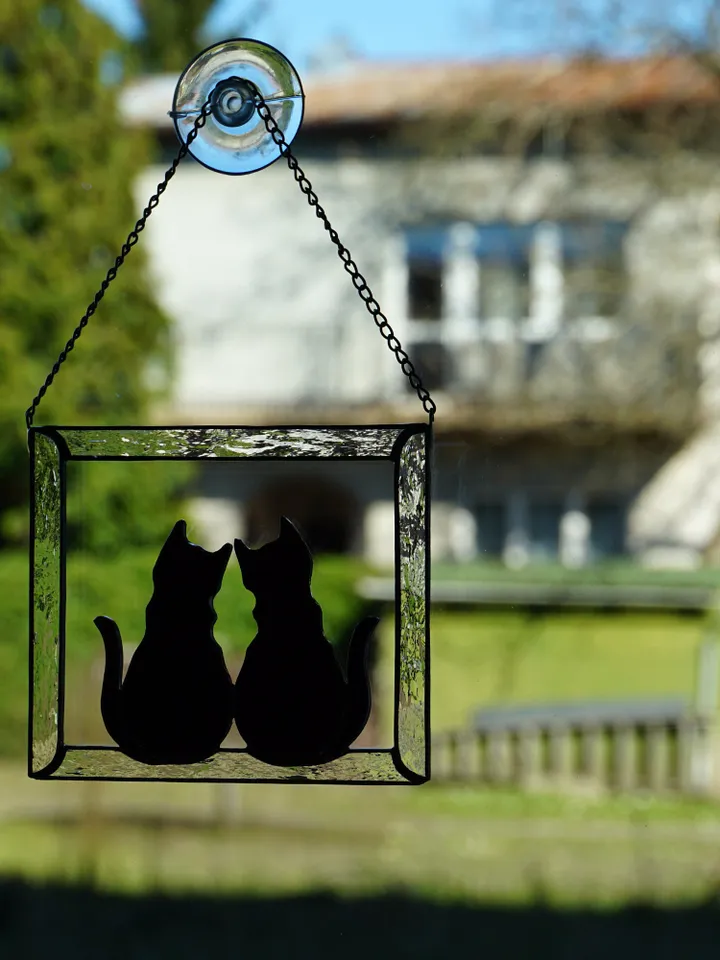 Two Black Cats in Frame Stained glass window hanging Suncatcher . Gift for animal lover , pet loss memorial