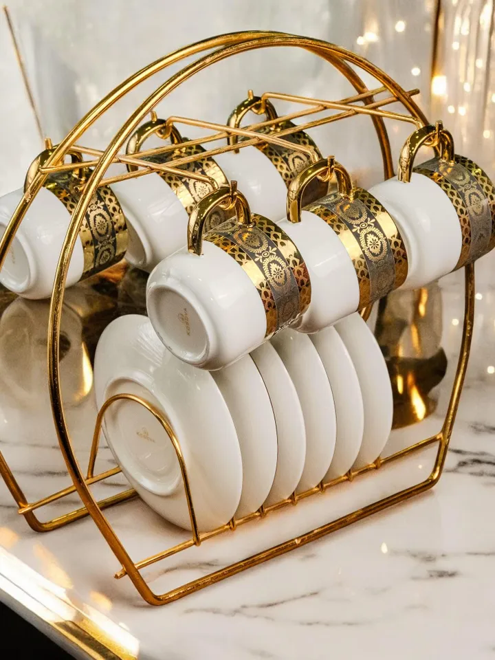 14K Genuine Gold Powder Porcelain Tea Cups And Saucers | Tea Cups Saucers Set | Gold Porcelain Set | Elegant Teaware | Gift For Tea Lovers