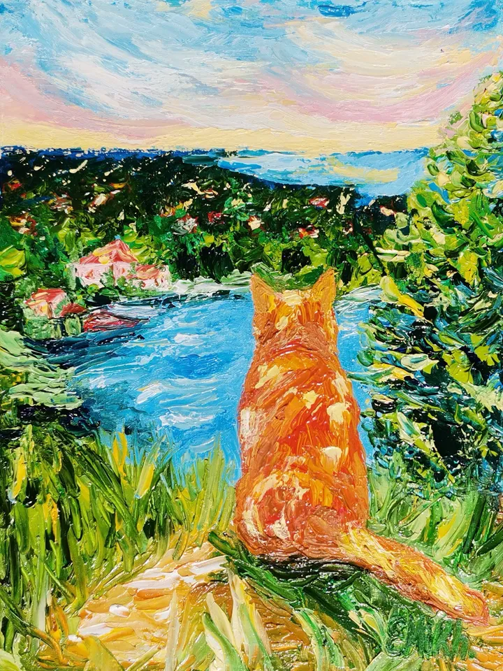 Textured oil painting "A red cat above eternal rest", 15x20*0.2 cm., 5,906x7,87 inches, 3d, impasto