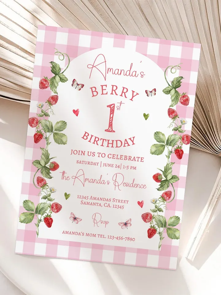 EDITABLE Pink Gingham Berry First Birthday Invitation, Berry First Birthday Digital Invitation Birthday, Strawberry First Birthday Invite