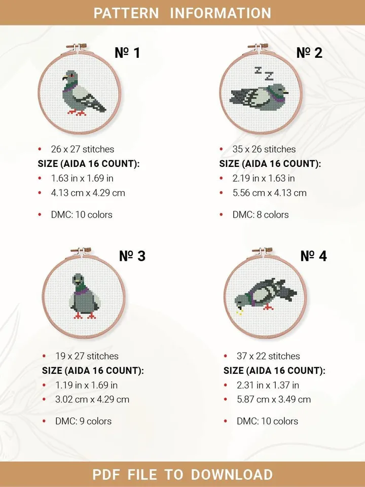 Bundle Pigeon cross stitch pattern, Set of 4 pigeon paterns, Tiny, bird, beginner counted, modern chart, gift DIY, embroidery, instant PDF