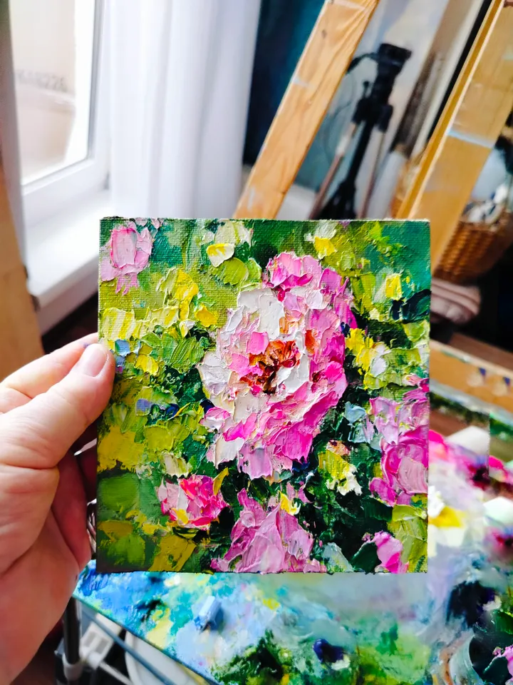 Pink Roses Flowers Original Oil Painting Wall Art Impasto Artwork Canvas Painting 6 by 6 inches by Natalia