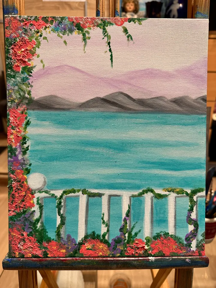 Original Painting Seaside Promenade Resort Town Seascape Mountains Nature Vacation Travel 12x10 inches 30x25 cm Canvas on cardboard Acrylic